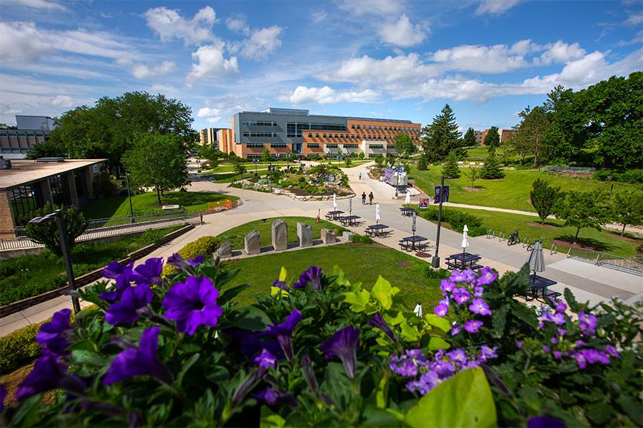 欧洲杯投注 campus in summer, seen from the University Center second-floor balcony.